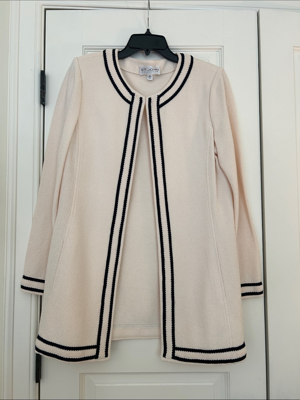 St. John Cream Open-Front Knit Blazer with Black Trim